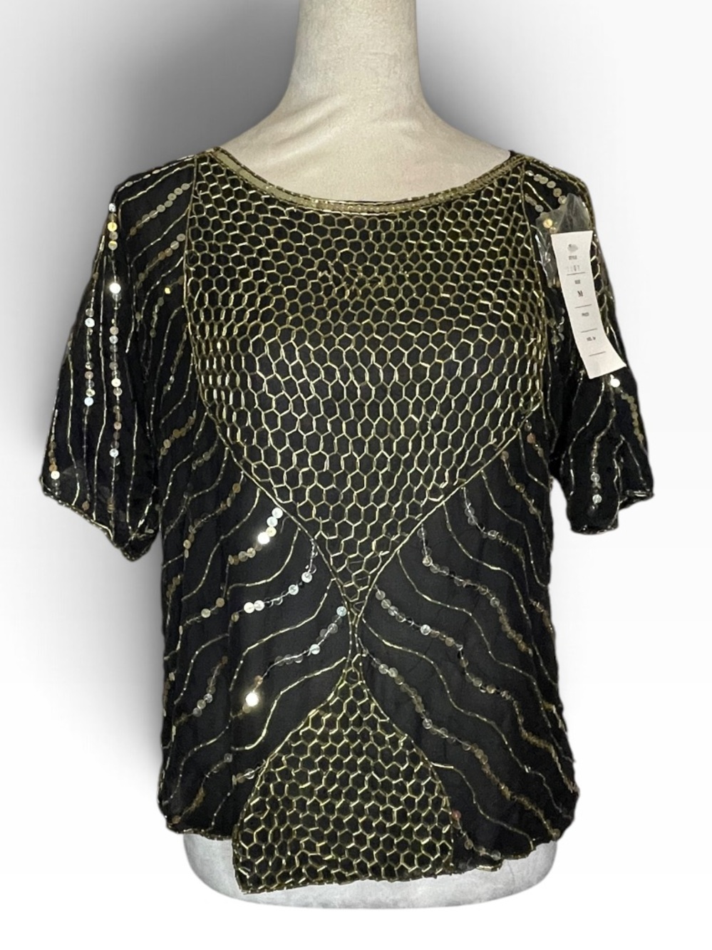 Vintage STAR Black & Gold Silk Sequin Beaded Short Sleeve Top-NWT